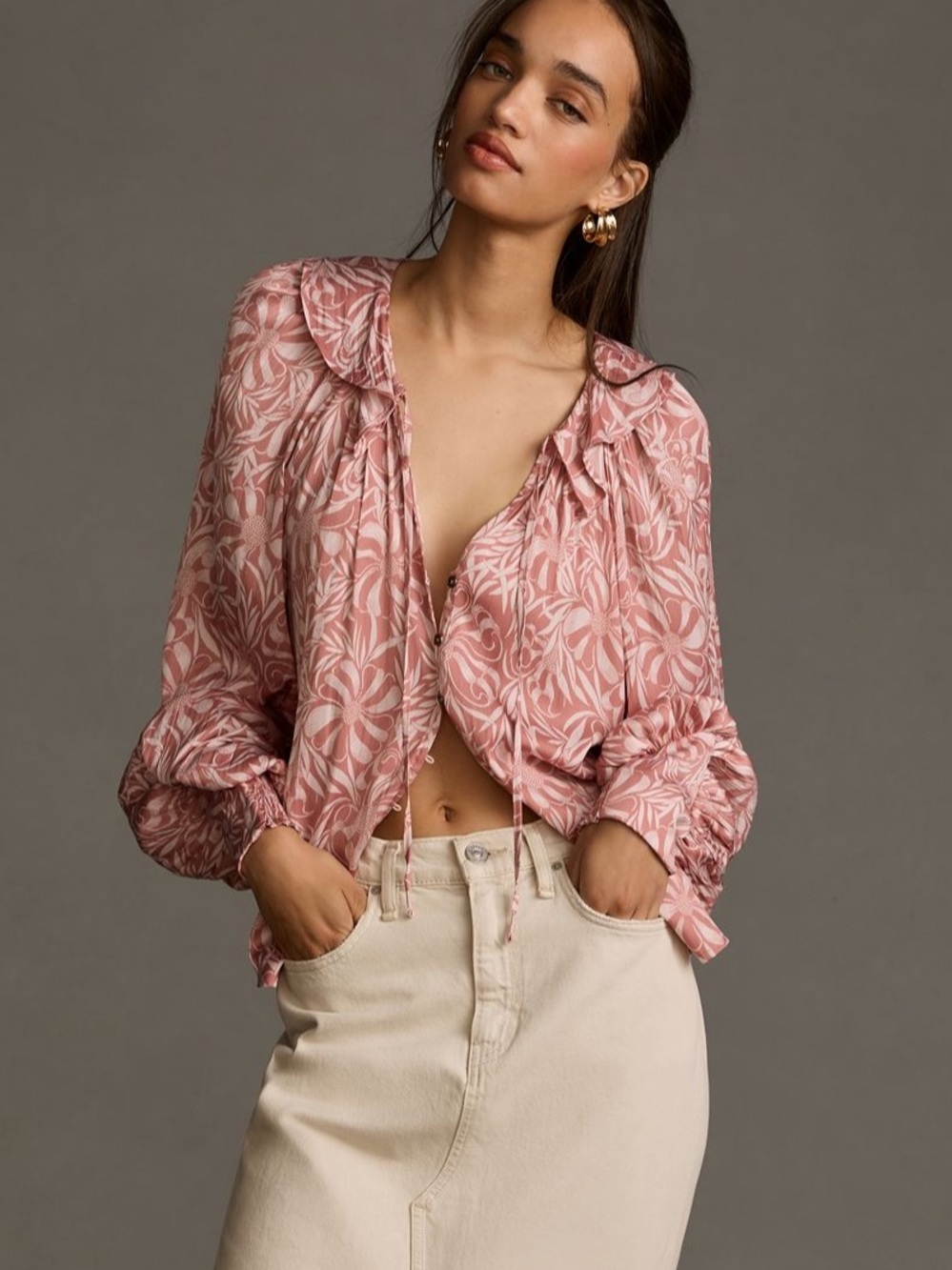 NWOT Florence Bladucci x Anthro Femme Collared Blouse, Pink / White Floral – M